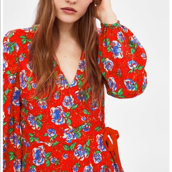 Zara Trafaluc Red Foral Romper Wrap Dress - M  NEW - Picture 2 of 8